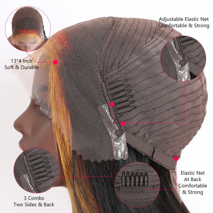 Incolorwig Highlight 13*4 Lace Frontal Wig 150% Density Natural Black Mixed Orange And Yellow Straight Wig