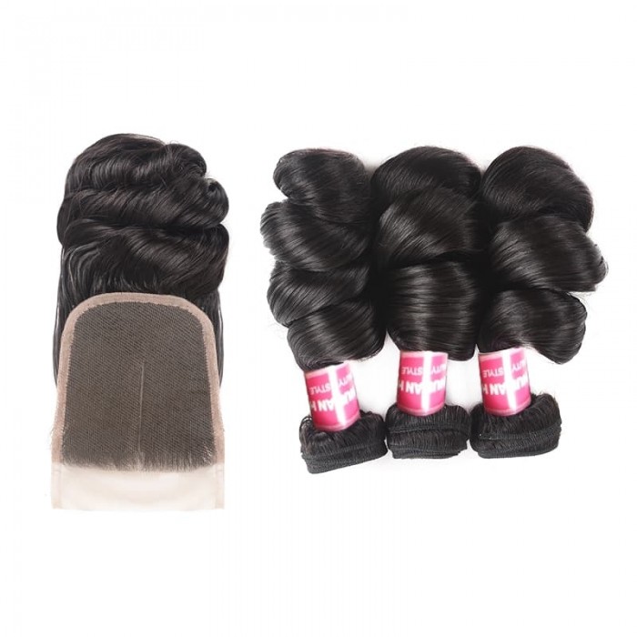 Incolorwig Loose Wave 3 Bundles With 4x4 Lace Closure Human Hair Natural Color