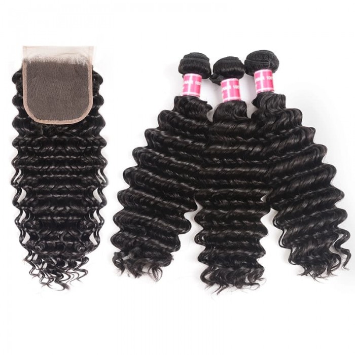 Incolorwig Deep Wave Virgin Hair Weave 3 Bundles With Lace Closure Natural Color Best Human Hair