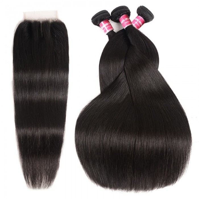 Incolorwig Brazilian Straight Hair 3 Bundles With Lace Closure 4*4 Free Part Virgin Human Hair