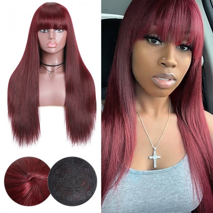 Incolorwig 99J Silk Straight Hair Wigs with Bangs Glueless capless Wigs for Women 99j Red Human Hair Wig