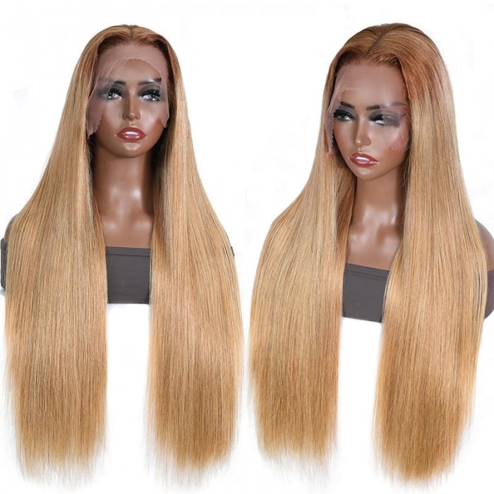 Incolorwig Honey Brown Ombre 13*4 Transparent Lace Front Straight Hair Wig With Bangs