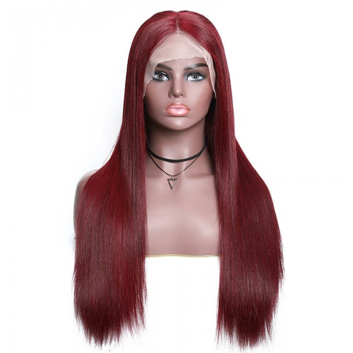 Incolorwig Straight Human Hair 13*6 Lace Frontal Wig 150% Density #99J Red Hair Wig