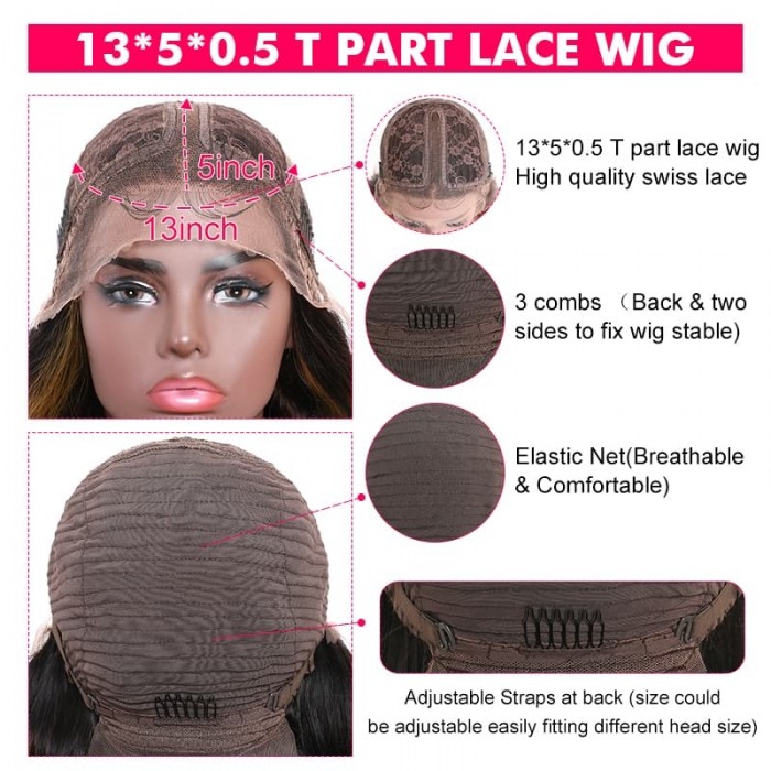 Incolorwig Body Wave 13*5*0.5 Lace T Part Wig #FB30 Highlight Color 13x4 Lace Frontal Ombre Wig