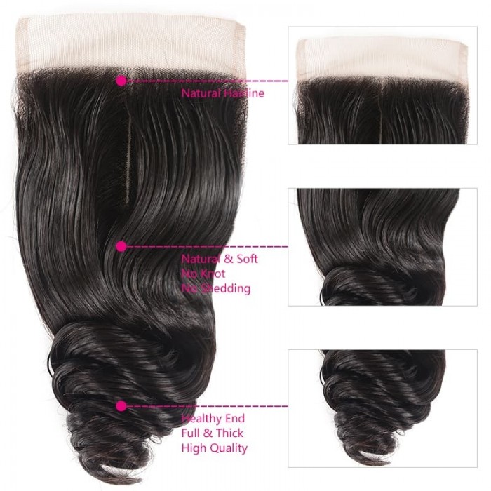 Incolorwig Loose Wave 3 Bundles With 4x4 Lace Closure Human Hair Natural Color