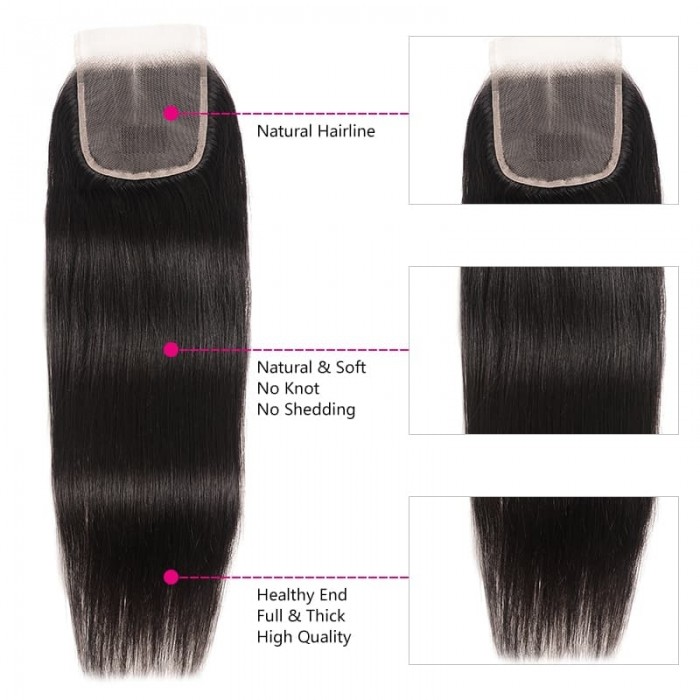 Incolorwig Brazilian Straight Hair 3 Bundles With Lace Closure 4*4 Free Part Virgin Human Hair
