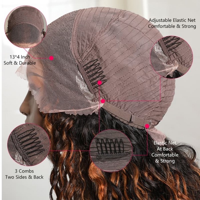 Incolorwig Chocolate Brown Color Highlight Water Wave Wig 13*4 Lace Front Wigs 150% Desnity Ombre Wig