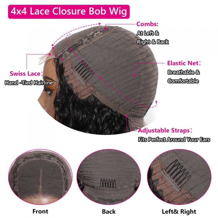 Incolorwig Short Bob Premium Water Wave 4x4 Lace Closure Wigs 150% Density Black Hair Wig