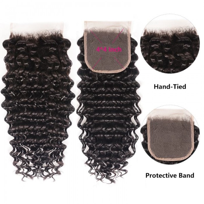 Incolorwig Deep Wave Virgin Hair Weave 3 Bundles With Lace Closure Natural Color Best Human Hair