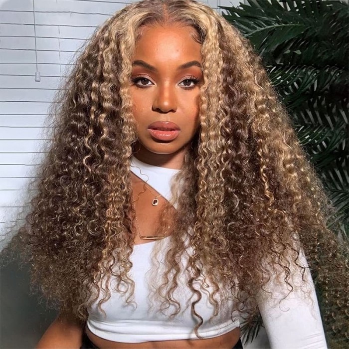 Incolorwig #TL412 Highlight Jerry Curly Hair 13x5x0.5 T Part Wigs Honey Blonde 13*4 Lace Frontal Wigs With Baby Hair