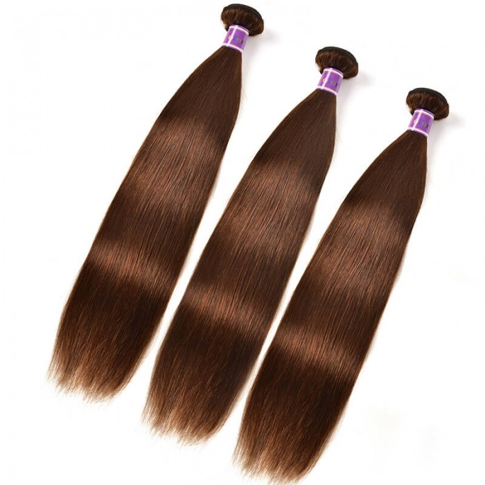 Incolorwig #4 Medium Brown Straight Virgin Brazilian Human Hair Weave 3 Bundles