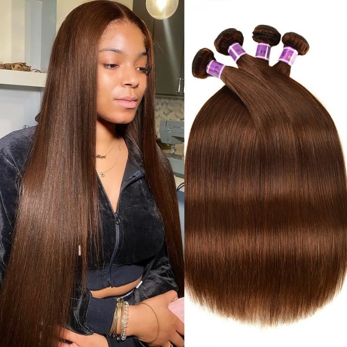 Incolorwig 4 Bundles Peruvian Hair #4 Medium Brown Straight Wave Hair Human Hair Weave