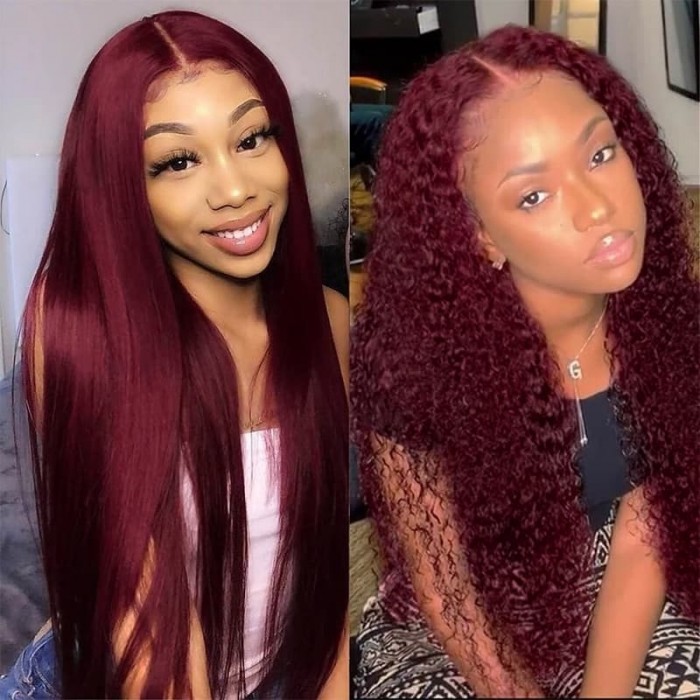 Incolorwig 99J Burgundy Lace Part Wig Colored Curly Wigs 150% Density Red Human Hair Long Wigs