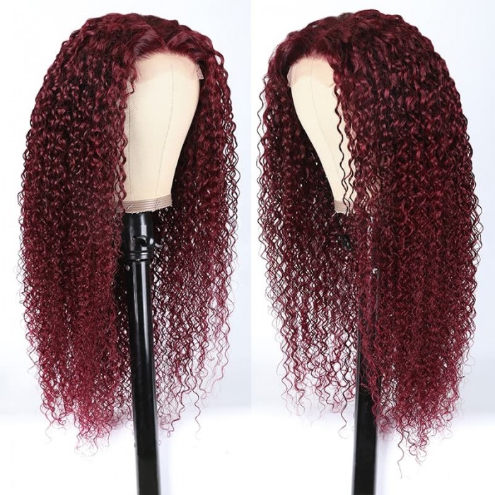 Incolorwig 99J Burgundy Lace Part Wig Colored Curly Wigs 150% Density Red Human Hair Long Wigs