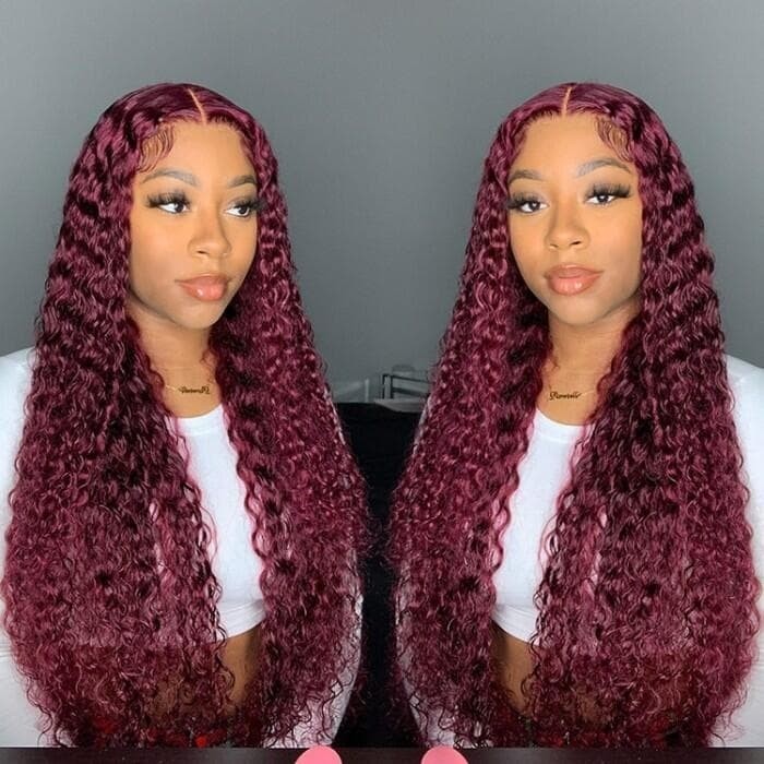 Incolorwig 99J Colored Curly Human Hair Wigs Pre Plucked Burgundy Lace Part Wigs For Women