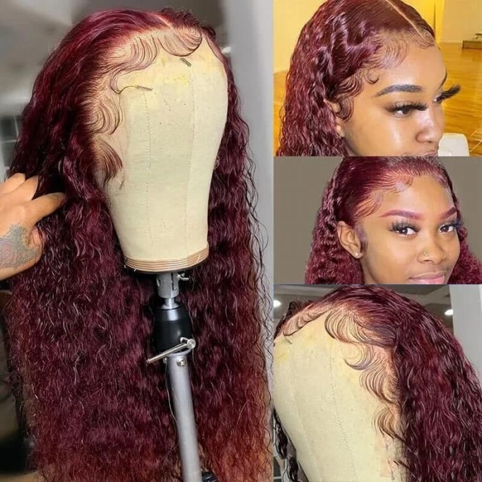 Incolorwig 99J Colored Curly Human Hair Wigs Pre Plucked Burgundy Lace Part Wigs For Women