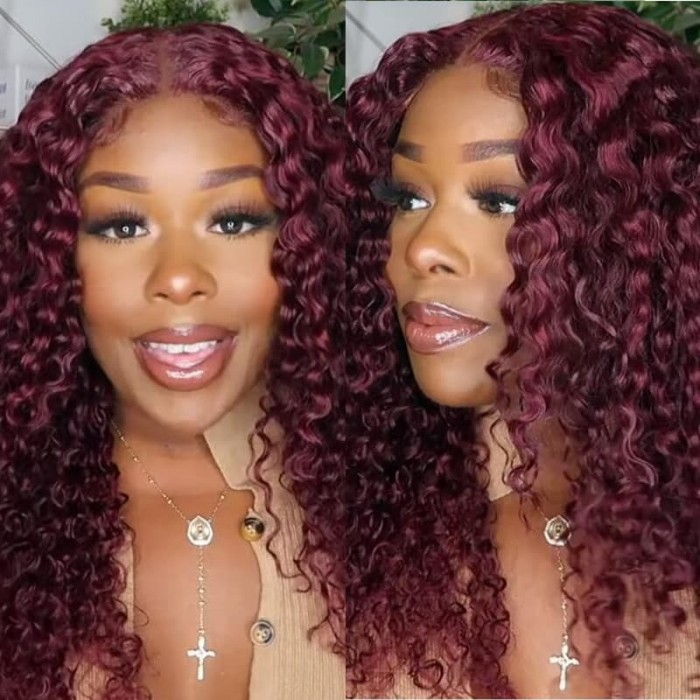 Incolorwig 99J Colored Curly Human Hair Wigs Pre Plucked Burgundy Lace Part Wigs For Women