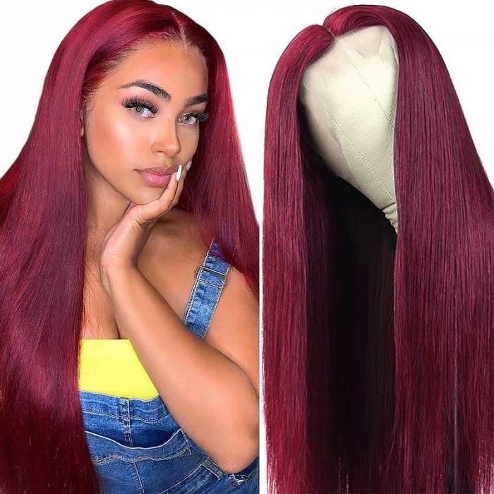 Incolorwig New Arrival 99J Lace Part Wigs Long Straight 13x4 Lace Frontal Wig Red Color Best Human Hair Wigs