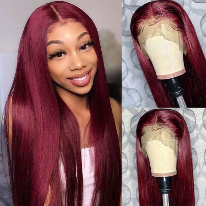 Incolorwig 99J Straight Human Hair Wig Pre-plucked 13*4 Lace Front Wig Red Wig With Baby Hair
