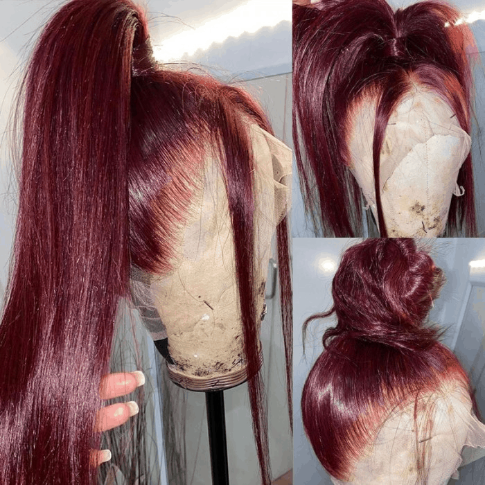 Incolorwig 99J Straight Human Hair Wig Pre-plucked 13*4 Lace Front Wig Red Wig With Baby Hair