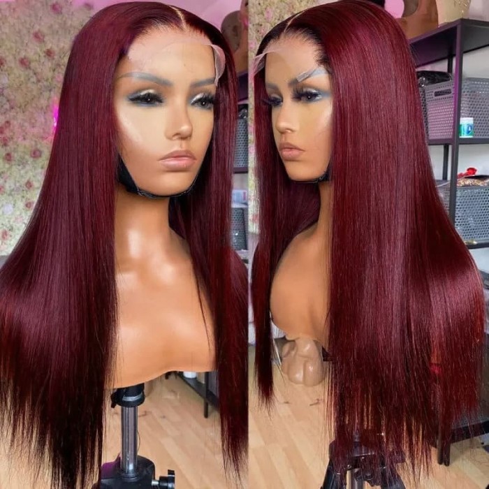 Incolorwig 99J Straight Human Hair Wig Pre-plucked 13*4 Lace Front Wig Red Wig With Baby Hair