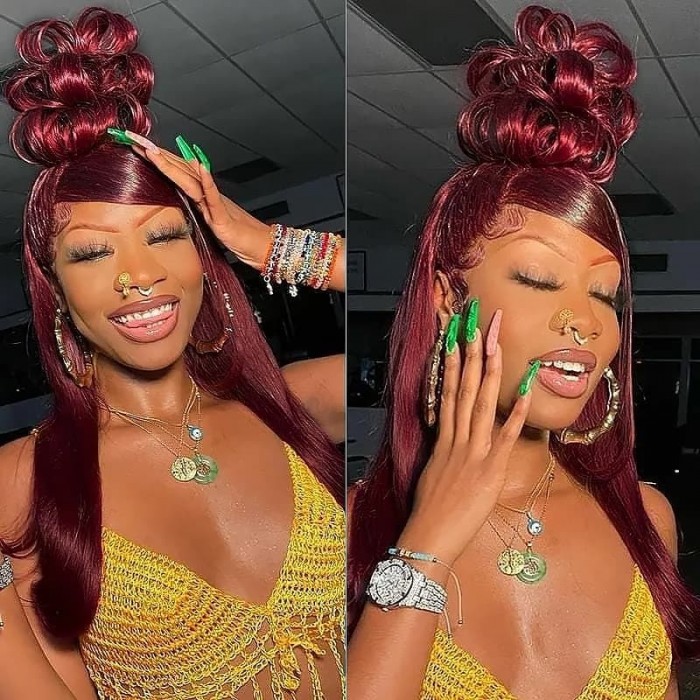 Incolorwig 99J Straight Human Hair Wig Pre-plucked 13*4 Lace Front Wig Red Wig With Baby Hair