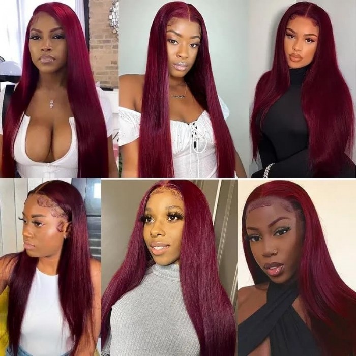 Incolorwig 99J Straight Human Hair Wig Pre-plucked 13*4 Lace Front Wig Red Wig With Baby Hair