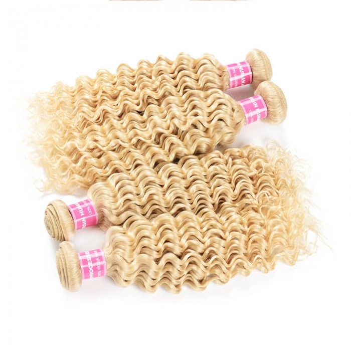 Incolorwig #613 Blonde Deep Wave Brazilian 4 Bundles Hair With 4*4 Lace Closure Free Part For Women