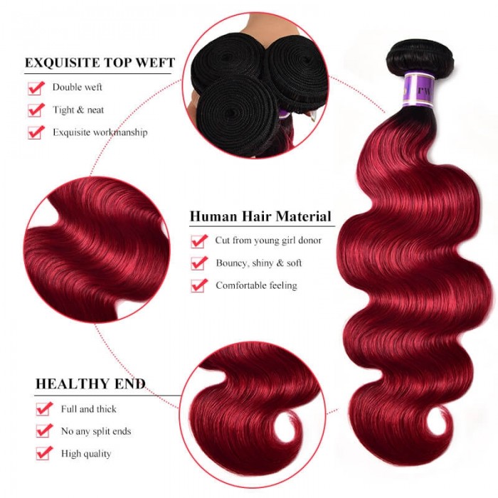 Incolorwig High Quality #TB Burgundy Body Wave Human Hair Weaves 3 Bundles Virgin Peruvian Human Hair