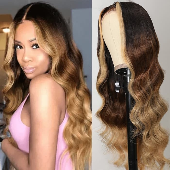 Incolorwig Face Framing Highlights Wigs Honey Blonde Loose Wave Wig Ombre T Part Wigs
