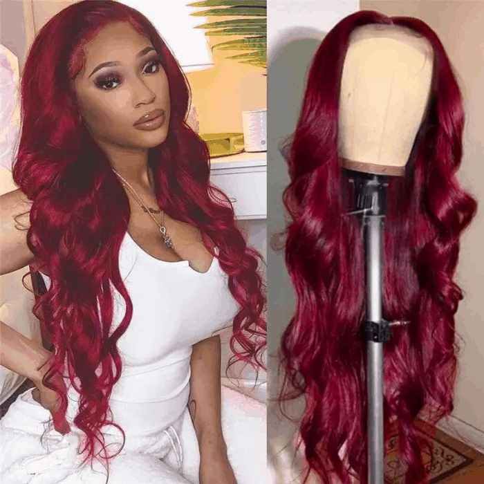 Free Wig 16Inch Burgundy Wigs 150% Density Body Wave Hair Wig Red Color Hairline Lace Part Wig