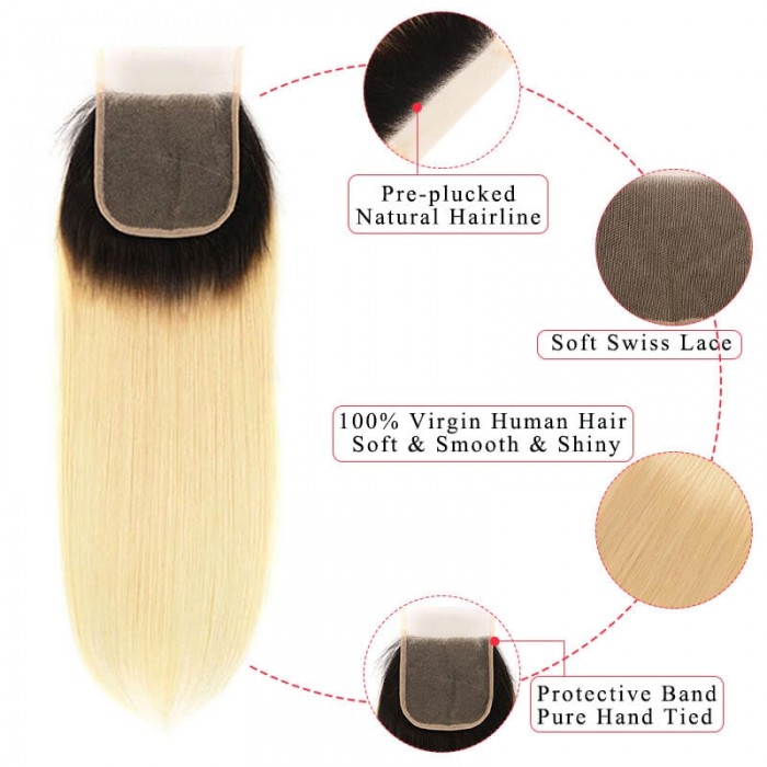 Incolorwig New #T1B613 Blonde Brazilian Free Part 4*4 Straight Human Hair Lace Closure