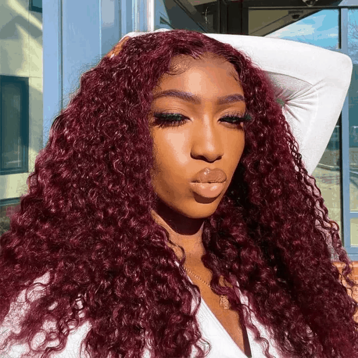 New Year Sale 16 Inch 99J Burgundy Lace Part Curly Wigs 