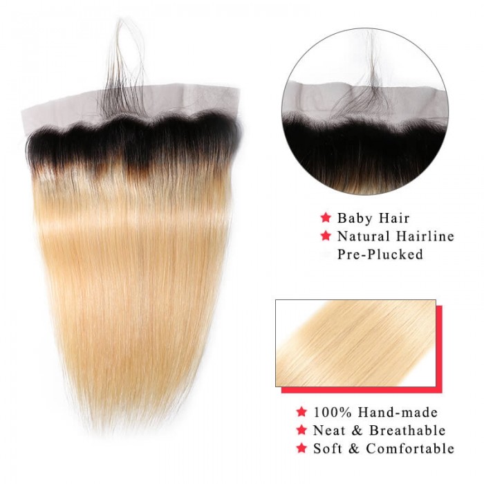 Incolorwig New #T1B613 Ombre Blonde Straight Peruvian 3 Bundles Hair With 13*4 Free Part Lace Frontal