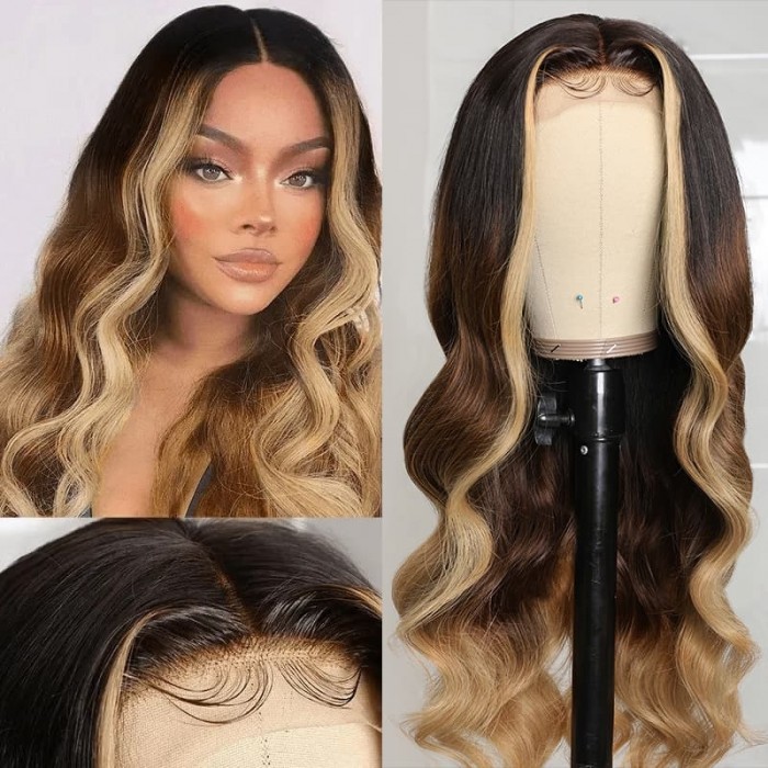 Incolorwig Face Framing Highlights Wigs Honey Blonde Loose Wave Wig Ombre T Part Wigs