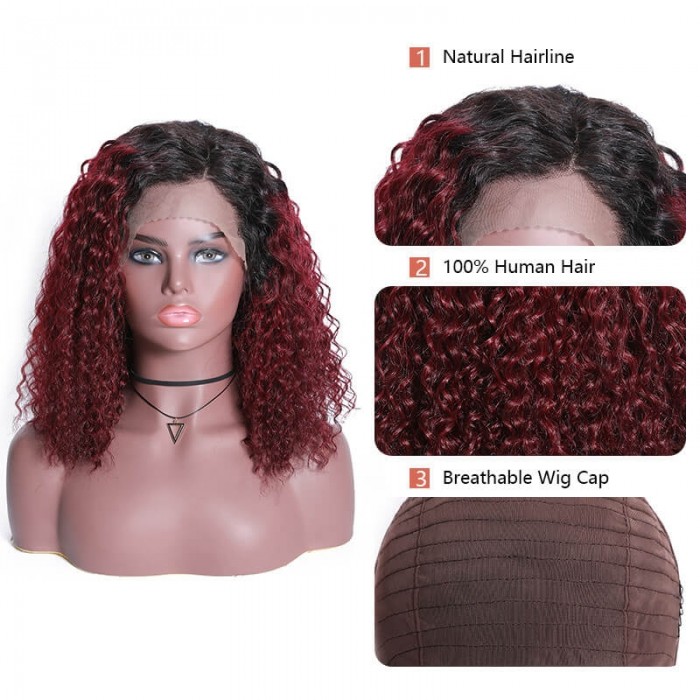Incolorwig T1B99J Curly Bob Wig Pre-Plucked 13x4 Lace Front Wigs Ombre Red Human Hair 150% Density