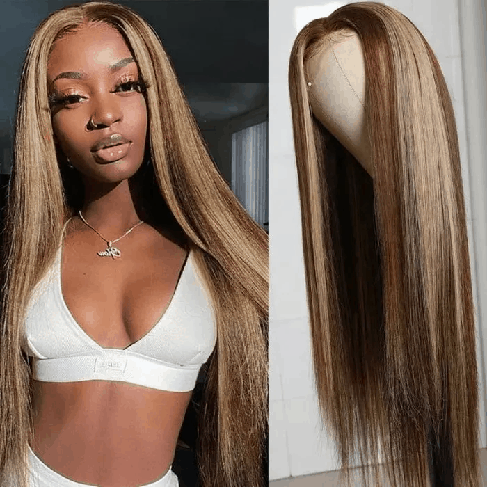 #TL412 Highlight Straight 13x5x0.5 T Part Lace Front Wig 16 Inch
