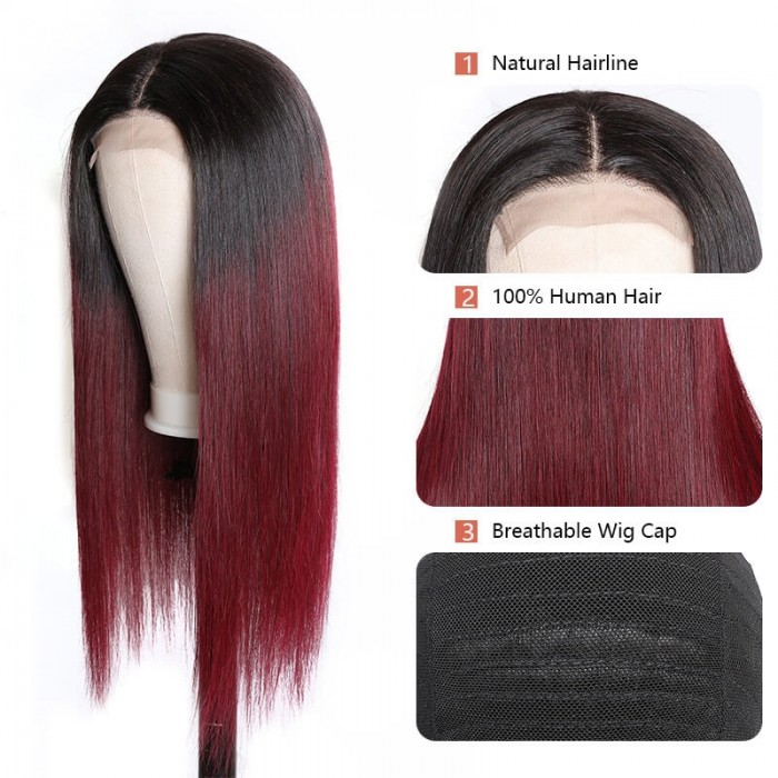 Incolorwig Straight Human Hair Wig Red Color 4x4 Lace Closure Straight Hair Wigs 1B99J Wig 150% Density