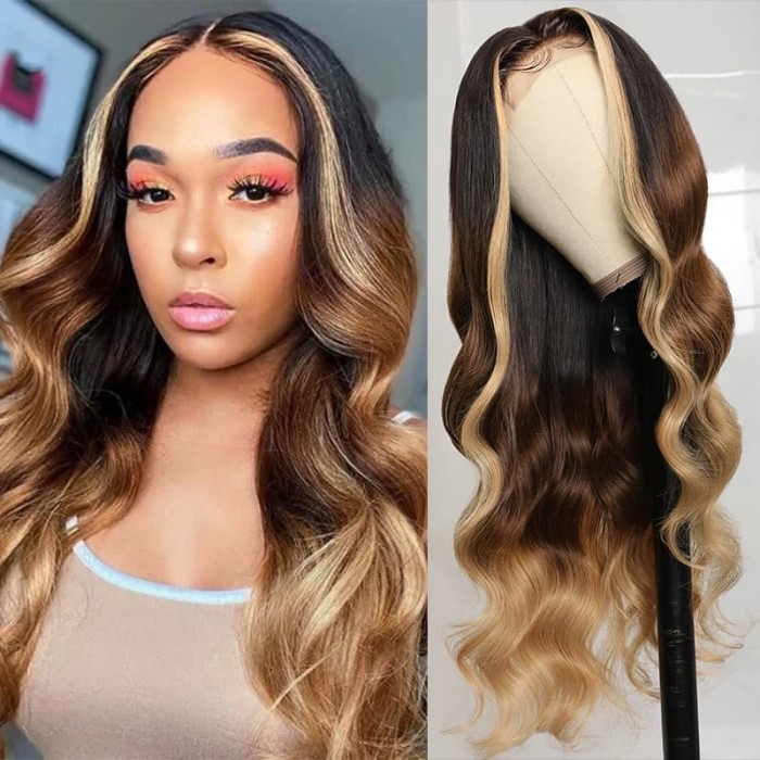 Incolorwig Face Framing Highlights Wigs Honey Blonde Loose Wave Wig Ombre T Part Wigs