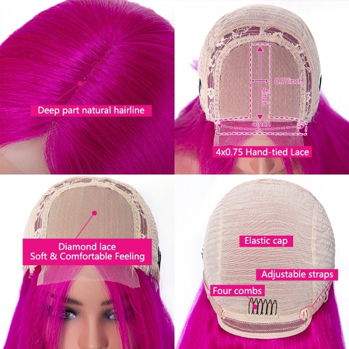 Incolorwig Rose Red Straight Human Hair Wig Hairline Lace Part 150% Density Middle-part Fake Scalp Wig 
