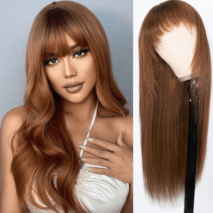 Incolorwig #4 Color Straight Human Hair Wigs With Bangs Dark Brown Hair Glueless Fall Color Wig