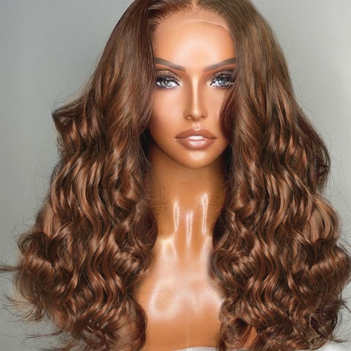 Incolorwig Auburn Brown Loose Wave 13x4 Lace Front Wigs 180% Density Highlight Big Voluminous Curls Long Wig