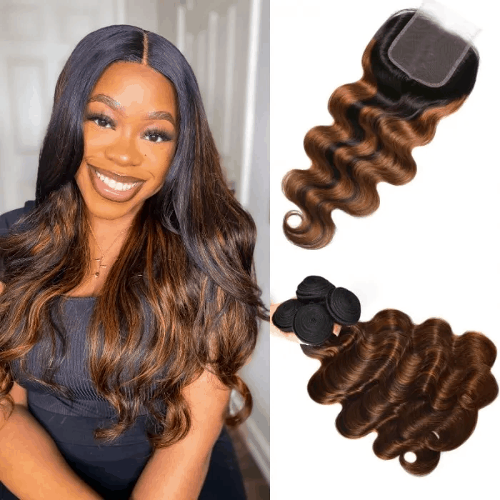 Incolorwig Brown Balayage Color Highlight Body Wave Human Hair 4 Bundles With 4x4 Lace Closure