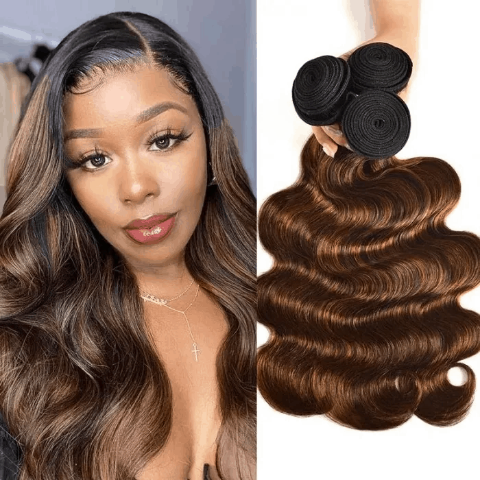 Incolorwig Brown Balayage Color Highlight Body Wave Human Hair 4 Bundles With 4x4 Lace Closure