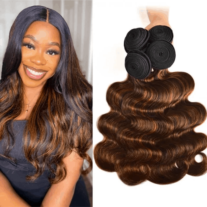 Incolorwig Brown Balayage Color Highlight Body Wave Human Hair 4 Bundles With 4x4 Lace Closure