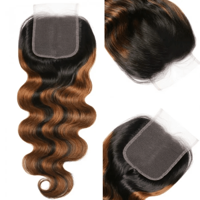 Incolorwig Brown Balayage Color Highlight Body Wave Human Hair 4 Bundles With 4x4 Lace Closure