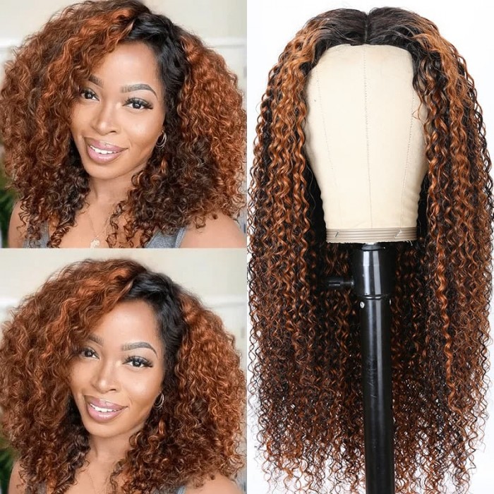 Incolorwig Balayage Highlight Color Wigs V Part Wig Jerry Curly Beginner Friendly Upgrade U Part Wig