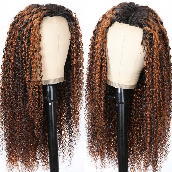 Incolorwig Balayage Highlight Color Wigs V Part Wig Jerry Curly Beginner Friendly Upgrade U Part Wig