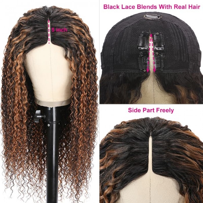 Incolorwig Balayage Highlight Color Wigs V Part Wig Jerry Curly Beginner Friendly Upgrade U Part Wig