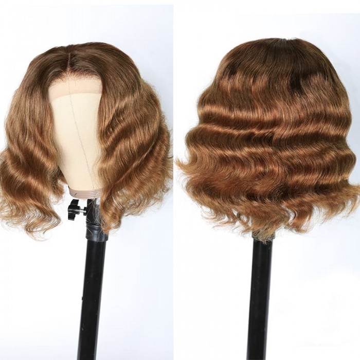 Incolorwig Ombre Honey Blonde Short Deep Wave Wig Brown Balayage 4x4 Lace Closure Highlight Wig